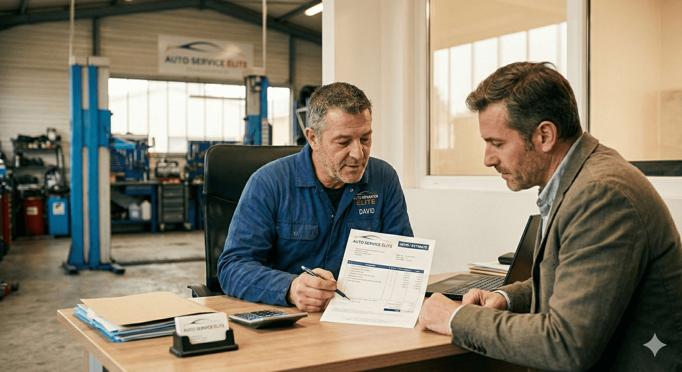 Mécanicien préparant un devis avec le client dans l'atelier